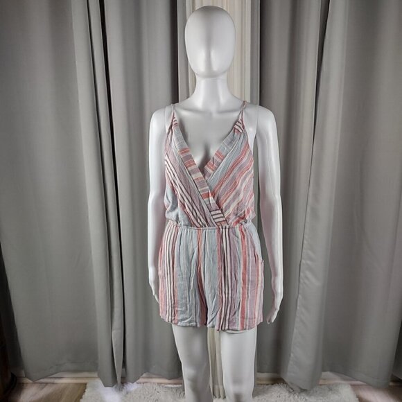 Addie Women's Red Pastel Striped Spaghetti Strap 2 Pocket Romper Size Medium - Picture 1 of 13